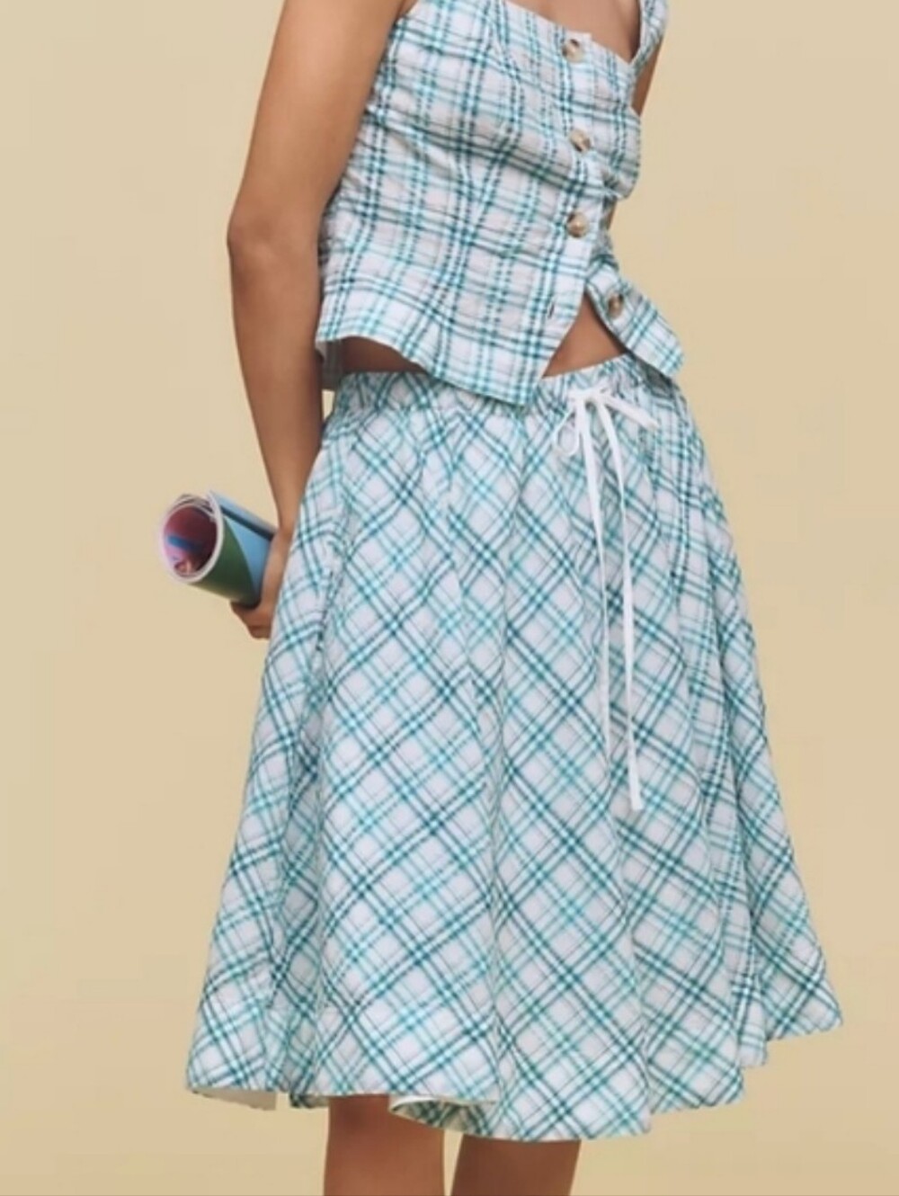 NWT Maeve Light Blue Plaid Cotton Drawstring Skirt